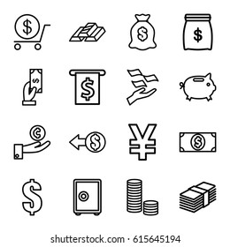 Wealth icons set. set of 16 wealth outline icons such as Payment, dollar, money on hand, money sack, coin, gold bar, safe, hand on coin