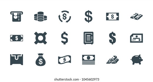 Wealth icons. set of 18 editable filled wealth icons: coin, money sack, money, dollar, check, gold, safe, gold bar, crown, chest