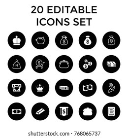 Wealth icons. set of 20 editable filled and outline wealth icons such as money, money sack, gold, purse, dollar sign, safe, crown, sack, dollar