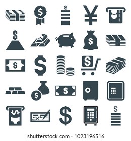 Wealth icons. set of 25 editable filled wealth icons such as atm, coin, money sack, money, safe, check, coin, gold bar, dollar, gold, dollar award