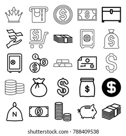Wealth icons. set of 25 editable outline wealth icons such as dollar coin, sack, safe, coin, money on hand, chest, money, check, dollar sign, coin, crown