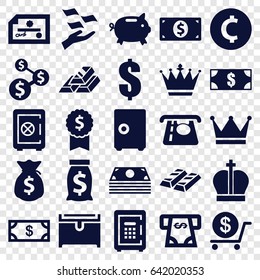 Wealth icons set. set of 25 wealth filled icons such as crown, safe, money, atm money withdraw, dollar, chest, safe, gold bar, coin, check