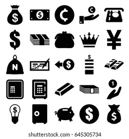 Wealth icons set. set of 25 wealth filled icons such as sack, atm, crown, coin, money sack, atm money withdraw, gold, safe, bulb with dollar, dollar, coin, purse, check