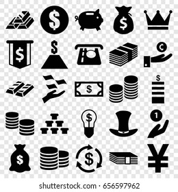 Wealth icons set. set of 25 wealth filled icons such as coin, money, atm money withdraw, hat, coin, gold bar, dollar, bulb with dollar, crown, dollar sign, yuan