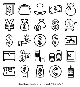 Wealth icons set. set of 25 wealth outline icons such as safe, coin, atm money withdraw, dollar, chest, hat, coin, money sack, sack, purse, crown, hand on coin, check