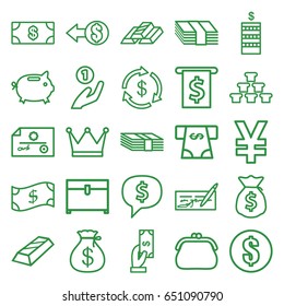 Wealth icons set. set of 25 wealth outline icons such as money, coin, money sack, payment, chest, coin, purse, gold bar, crown, coin on hand, dollar sign in cloud, check, yuan
