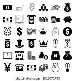 Wealth icons. set of 36 editable filled and outline wealth icons such as atm money withdraw, money, dollar, dollar sign, hat, crown, coin, chest, sack, yuan, coin, gold bar