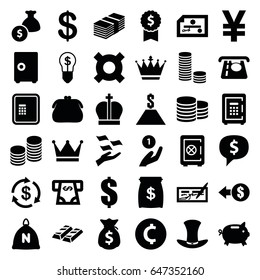 Wealth icons set. set of 36 wealth filled icons such as sack, atm, crown, coin, safe, money, atm money withdraw, dollar, safe, hat, coin, bulb with dollar, purse, coin on hand