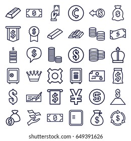 Wealth icons set. set of 36 wealth outline icons such as atm, crown, coin, safe, money, money sack, payment, gold, safe, dollar coin, dollar, coin, gold bar, check