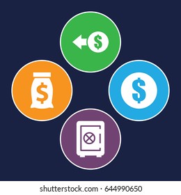Wealth icons set. set of 4 wealth filled icons such as safe, money, coin