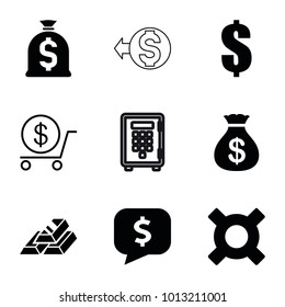 Wealth icons. set of 9 editable filled and outline wealth icons such as money sack, dollar, gold bar, money sack, coin, dollar sign in cloud, illustrgeneric currencyation