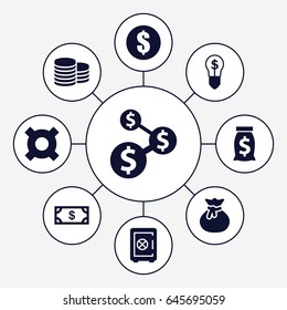 Wealth icons set. set of 9 wealth filled icons such as coin, safe, money, bulb with dollar, money, sack, money sack, dollar sign