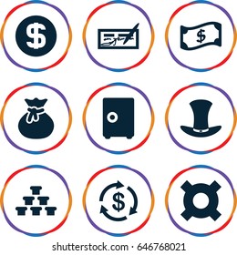 Wealth icons set. set of 9 wealth filled icons such as money, hat, dollar coin, crown, sack, safe, check, illustrgeneric currencyation