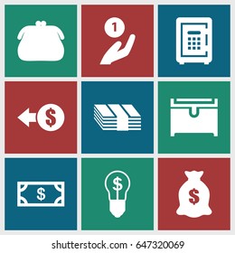 Wealth icons set. set of 9 wealth filled icons such as money, chest, money sack, safe, bulb with dollar, coin, purse, coin on hand