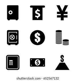 Wealth icons set. set of 9 wealth filled icons such as atm, safe, money dollar, dollar, money, safe, money in atm, yuan