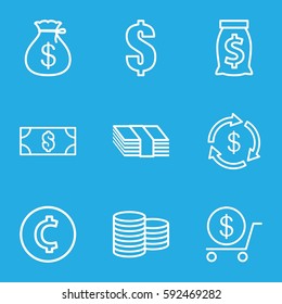 wealth icons set. Set of 9 wealth outline icons such as Coin, Money, Money sack, dollar