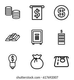 Wealth icons set. set of 9 wealth outline icons such as Coin, ATM money withdraw, safe, dollar coin, money, sack, gold bar, bulb with dollar