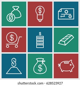 Wealth icons set. set of 9 wealth outline icons such as Coin, Money sack, dollar, money box, bulb with dollar, check, gold