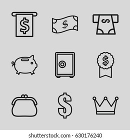 Wealth icons set. set of 9 wealth outline icons such as atm money withdraw, dollar, money box, purse, crown, safe, money in atm