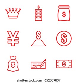 Wealth icons set. set of 9 wealth outline icons such as crown, money, coin, money sack, money, dollar, check