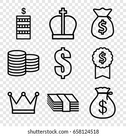 Wealth icons set. set of 9 wealth outline icons such as coin, money sack, money sack, dollar, crown, money