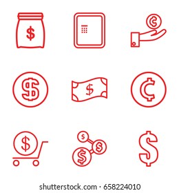 Wealth icons set. set of 9 wealth outline icons such as atm, dollar, dollar coin, money sack, crown, coin, hand on coin