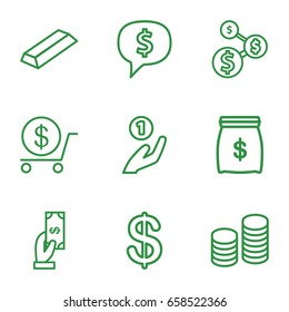Wealth icons set. set of 9 wealth outline icons such as coin, payment, dollar, gold, coin, money sack, coin on hand, dollar sign in cloud
