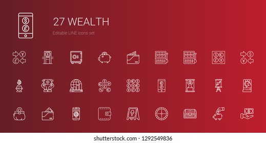 wealth icons set. Collection of wealth with chest, roulette, sign, wallet, money, purse, time is money, currency, coins, profits, dollar, saving. Editable and scalable wealth icons.