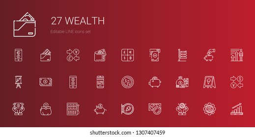 wealth icons set. Collection of wealth with coin, money, sign, piggy bank, slot machine, purse, dollar, money bag, savings, currency, cash. Editable and scalable wealth icons.