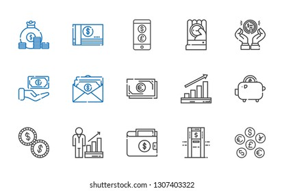 wealth icons set. Collection of wealth with coins, atm, wallet, profits, savings, cash, salary, coin, currency, money. Editable and scalable wealth icons.