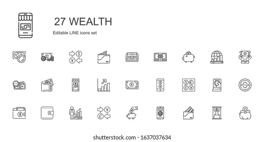 wealth icons set. Collection of wealth with wallet, money, piggy bank, currency, profits, coins, cash, atm, savings, chest, purse, time is money. Editable and scalable wealth icons.