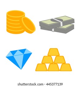 Wealth icons set. Valuable items to store in the Bank. Gold, money, coins, diamond. Isolated objects on white background. Vector illustration.