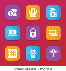 Wealth icons. vector collection filled wealth icons set.. includes symbols such as money insurance, safe, money, money lock, coin. use for web, mobile and ui design.