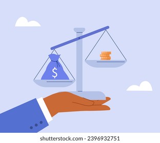 Wealth inequality and poverty concept. Scales show income differences and gap between rich and poor. Flat vector illustration.