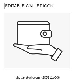  Icono de línea de riqueza. La mano mantiene la cartera. Negocios. Cuenta personal. Concepto de cartera. Ilustración vectorial aislada.Icono editable
