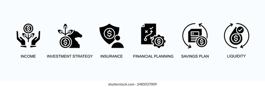 Concepto De Ilustración vectorial De Icono De Web De Anuncio De Gestión De Patrimonio Con Ingresos, Estrategia De Inversión, Seguros, Planificación Financiera, Plan De Ahorro, Liquidez