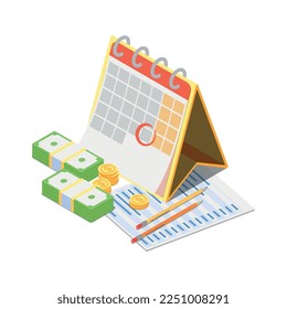 Composición del concepto de gestión de la riqueza con iconos isométricos de las operaciones financieras con ilustraciones del vector de efectivo de dinero