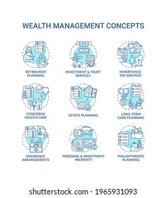 Wealth management concept icons set. Financial planning idea thin line RGB color illustrations. Estate, retirement planning. Insurance arrangements. Vector isolated outline drawings. Editable stroke