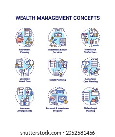 Wealth Management Concept Icons Set. Financial Planning Idea Thin Line RGB Color Illustrations. Investment And Trust Services. Concierge Health Care. Vector Isolated Outline Drawings. Editable Stroke