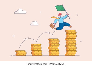 Wealth management concept. Pay raise salary increase, wages or income growth, investment profit and earning rising up, career development, happy businessman jumping on rising money coin stack.