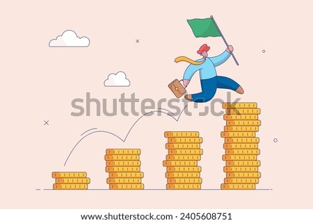 Wealth management concept. Pay raise salary increase, wages or income growth, investment profit and earning rising up, career development, happy businessman jumping on rising money coin stack.