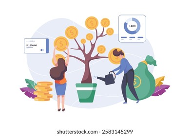 Wealth management and financial success flat illustration concept, investment growth, money savings, and financial planning. Vector flat style
