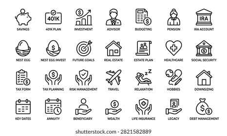 Wealth management icon collection including piggy bank savings 401k plan investment chart financial advisor budgeting pension ira account nest egg goals real estate estate plan healthcare social security tax forms planning risk management travel relaxation hobbies and legacy.
