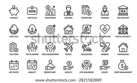 Wealth management icon collection including piggy bank savings 401k plan investment chart financial advisor budgeting pension ira account nest egg goals real estate estate plan healthcare social security tax forms planning risk management travel relaxation hobbies and legacy.