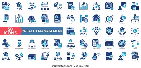 Wealth Management icon collection set. Containing asset, portfolio, investment, diversification, equity, bonds, stock icon. Simple flat vector.