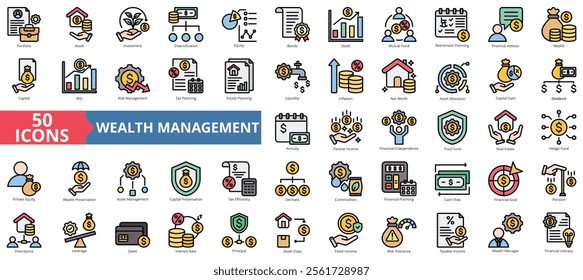 Wealth Management icon collection set. Containing asset, portfolio, investment, diversification, equity, bonds, stock icon. Simple flat outline vector illustration