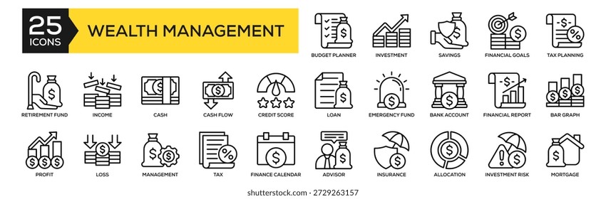 Wealth Management icon collection set. Containing design Budget Planner, Investment Chart, Savings, Financial Goals, Tax Planning