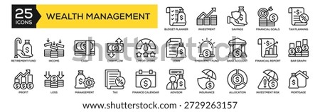 Wealth Management icon collection set. Containing design Budget Planner, Investment Chart, Savings, Financial Goals, Tax Planning