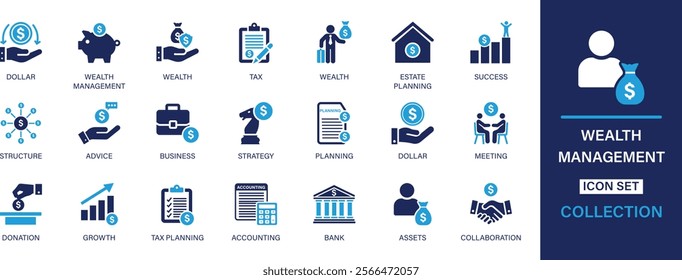 Wealth Management icon set. Dollar, tax, estate planning, success, structure, advice, business, strategy, planning, meeting, donation. And solid icon set collection.