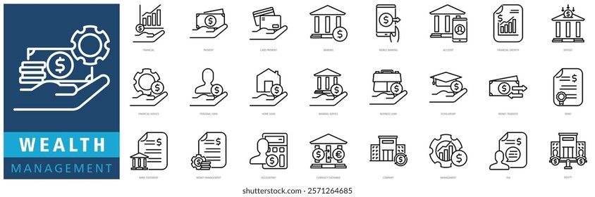 WEALTH MANAGEMENT ICON SET with financial, payment, card payment, banking, mobile banking, account, financial growth, deposit, financial service and personal loan